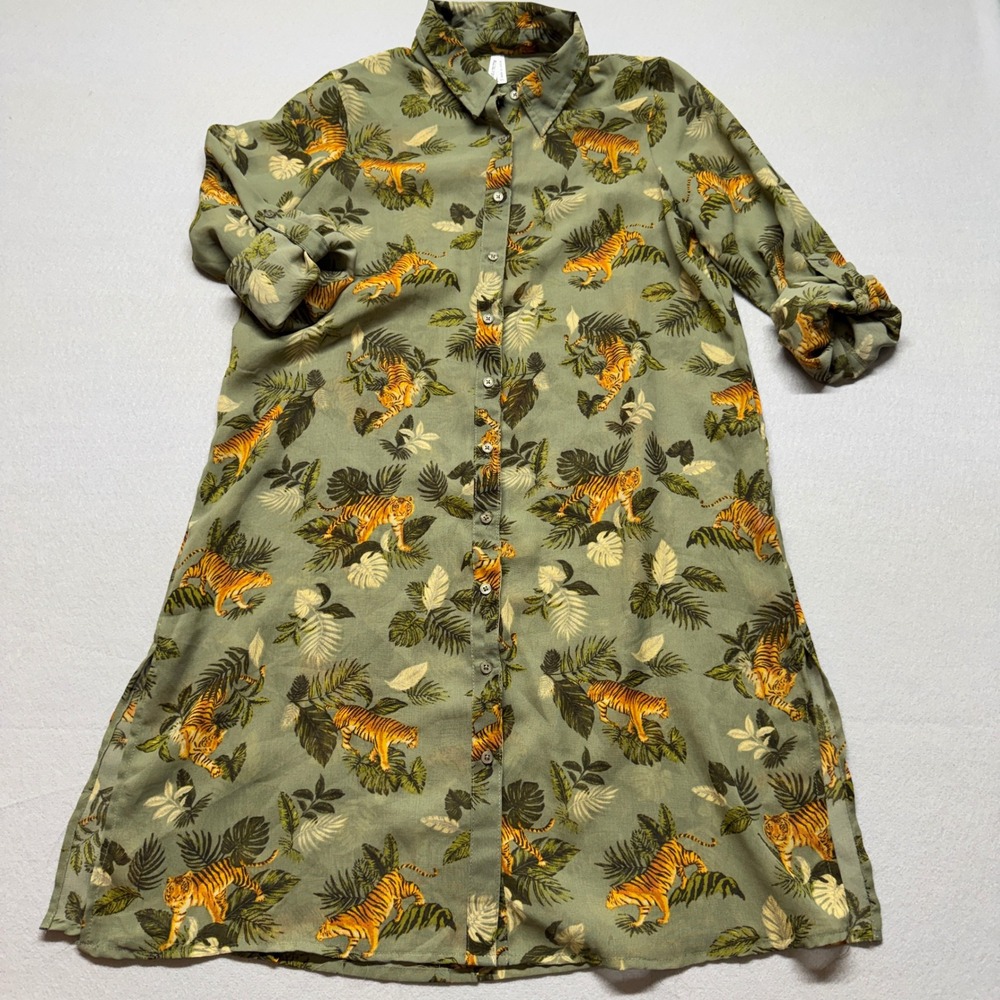 Live 4 Truth Tiger Tropical Leaf Print Button Front Shirt Dress Sage Green M